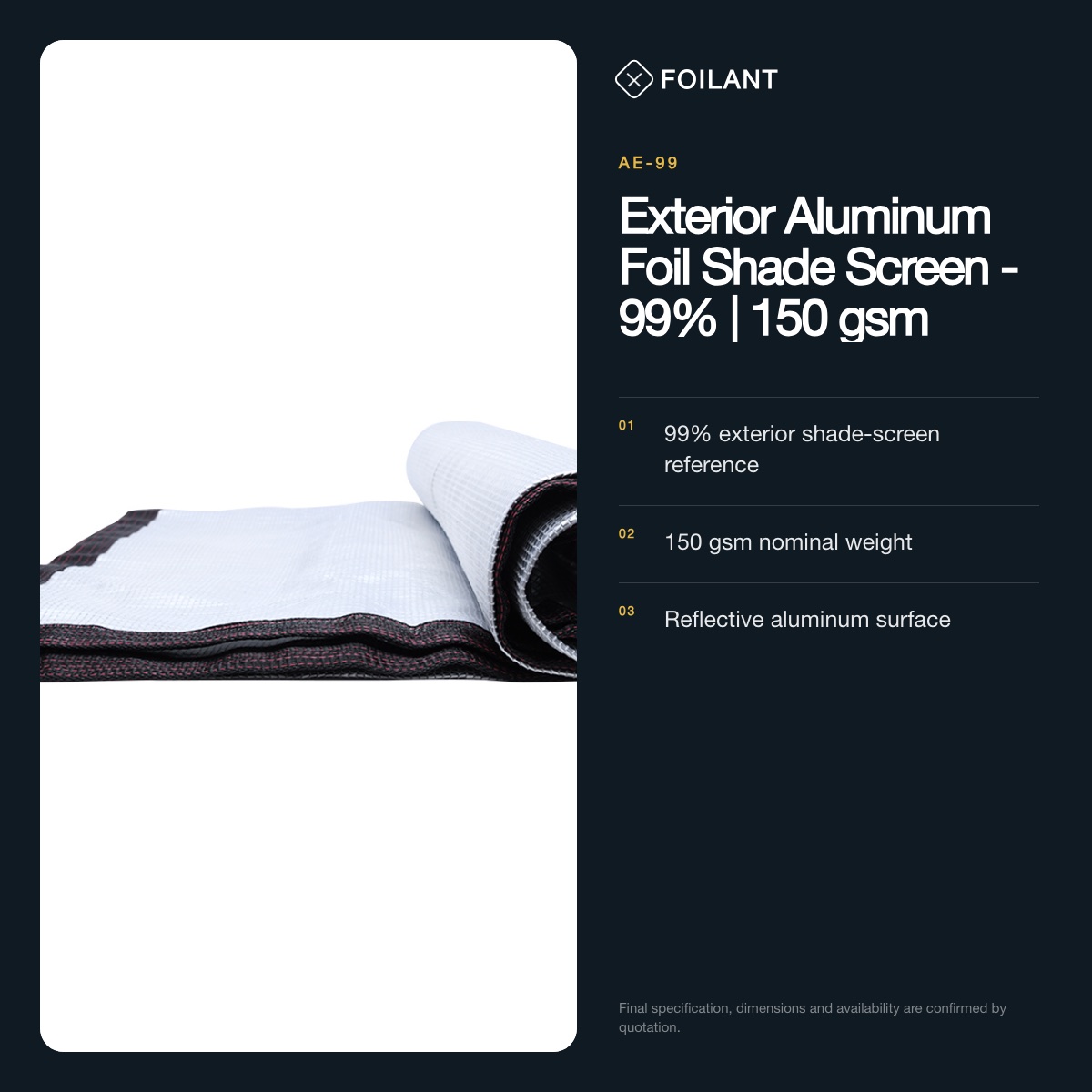 Exterior Aluminum Foil Shade Screen - 99% | 150 gsm view 2